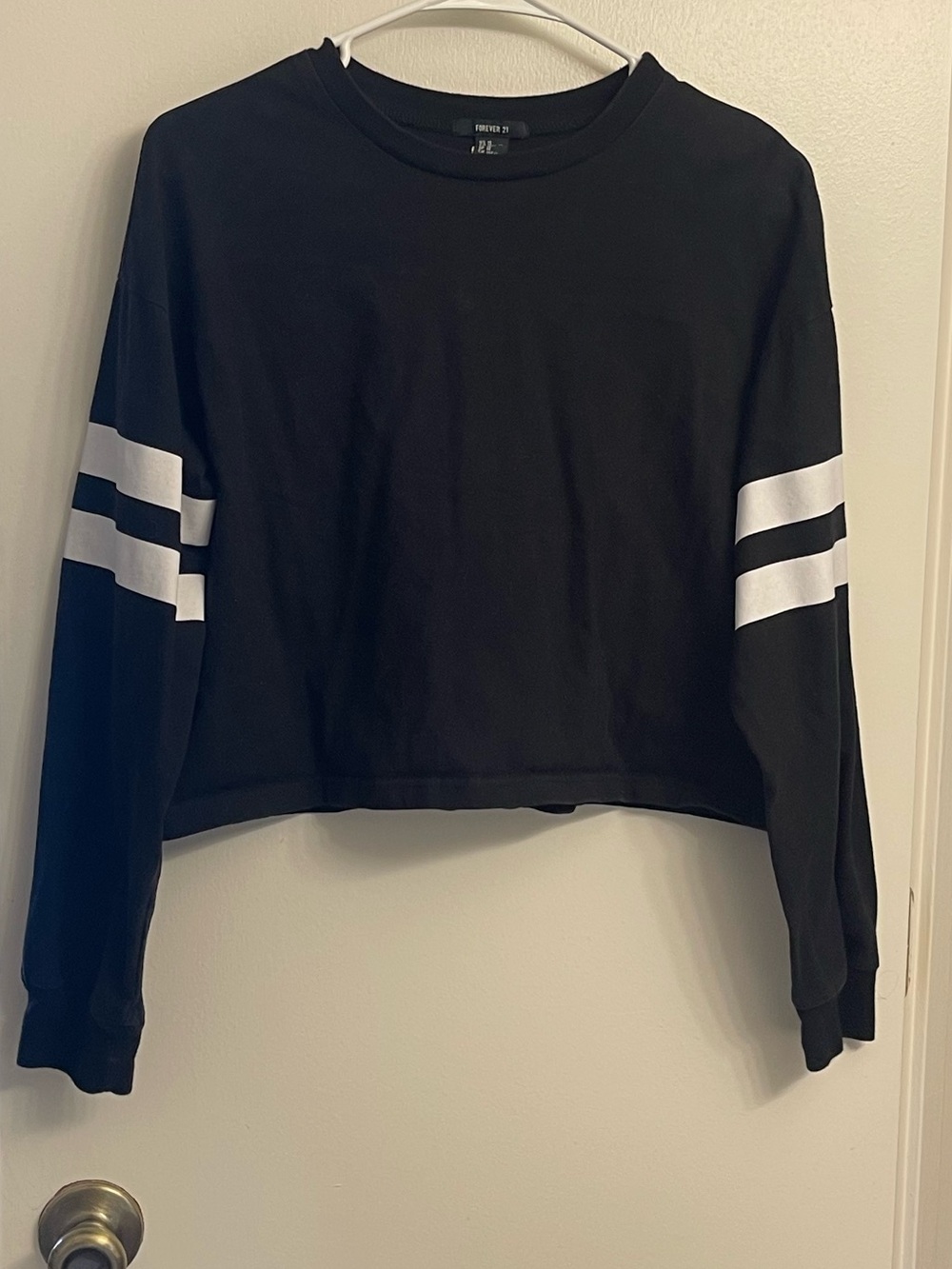 Forever 21 Black Cropped Longsleeve with White Sleeve Stripes